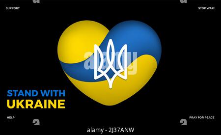 Stand with Ukraine concept background - Ukraine flag in heart shape with Ukraine coat of arms on black background - vector illustration Stock Vector