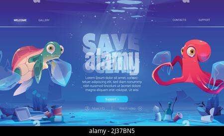 Save ocean website with turtle and octopus in plastic bags and garbage on sea floor. Vector landing page of ocean pollution with cartoon sad marine an Stock Vector