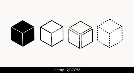 3d cube icon set. Three-dimensional symbol logo. Black cubes collection. Stock Vector