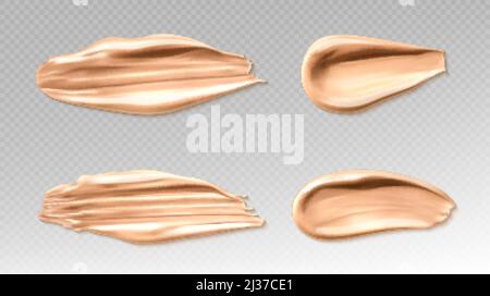 Concealer or skin foundation smear brush strokes. Beauty make up cosmetics texture smudge elements, abstract splash trace shapes samples isolated on t Stock Vector