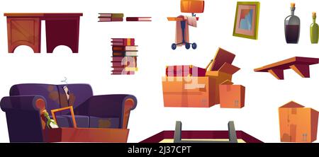 Old furniture stored on house attic. Hatch with ladder, wooden shelf, sofa with torn upholstery and dirty cardboard boxes with junk. Vector cartoon se Stock Vector