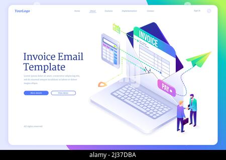 Invoice email template. Digital form for calculate and send payments, bills and receipt. Vector landing page of electronic finance transaction with is Stock Vector