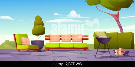 House backyard, patio with sofa, armchair and cooking grill for bbq. Green lawn, couch, chair, trees and garden fence on back yard. Vector cartoon sum Stock Vector