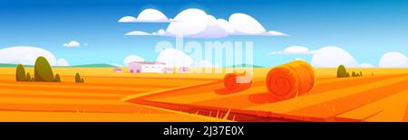 Rural landscape with hay bales on agriculture field and farm buildings. Vector cartoon illustration of countryside, farmland with round wheat straw ro Stock Vector