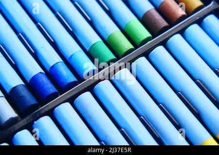 detail shot of drawing Color pencils in a box  Stock Photo