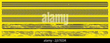 Black car tire tracks, rubber wheel print on road or dirt. Grunge trace from truck, motorcycle or vehicle tires. Vector graphic set of tread marks iso Stock Vector