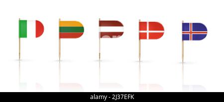 Europe country flags on toothpicks isolated on white. Denmark, Lithuania, Latvia, Iceland and Italy national labels for pinning in map or food. Vector Stock Vector