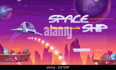 Spaceship mobile game website with rocket on universe background. 2d arcade videogame for play on phone. Vector landing page with cartoon space ship, Stock Vector
