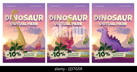 Dinosaur virtual park cartoon posters, historical online museum visit promo with discount for large groups. Educational prehistory portal, paleontolog Stock Vector