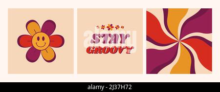 Retro colorful vintage 70's posters collection. Hippie vector graphic ideal for t-shirt, cards, stickers. Stay groovy. Stock Vector