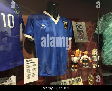 File photo dated 26-11-2020 of the shirt worn Diego Maradona when he scored two unforgettable goals to knock England out of the 1986 World Cup, including the so-called 'Hand Of God', which is set to fetch more than £4million at auction. Issue date: Wednesday April 6, 2022.