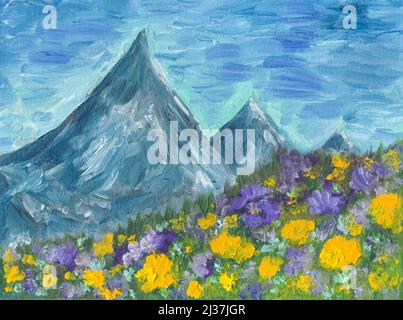 Scenic view. Landscape with mountains. Artistic oil painting. Stock Photo