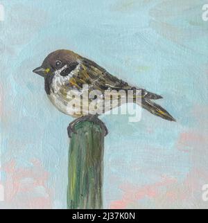 Sparrow bird sitting on the wooden stick. Oil painting Stock Photo