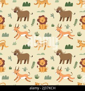 African animals, safari print for kids, lion and jaguar, scandinavian cartoon illustrations, trendy fabric print for infants, vector seamless art Stock Vector
