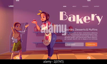 Bakery cartoon landing page, fresh bake house production cookies, desserts and muffins. Woman owner giving cake to little girl customer holding shoppi Stock Vector