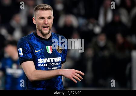 Milan Skriniar of FC Internazionale reacts during the Serie A 2021/2022 football match between Juventus FC and FC Internazionale at Juventus stadium i Stock Photo