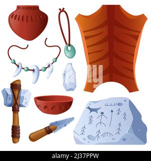 Prehistoric objects set animal skin, clay pot and bowl, amulets with teeth, weapon ax or knife and rock with petroglyphs. Stone ages tools isolated on Stock Vector