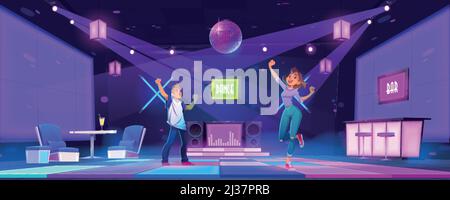 Young people dance at night club disco party, man and woman dancing, moving with raised hands. Teenagers nightlife activity in bar with glowing floor Stock Vector