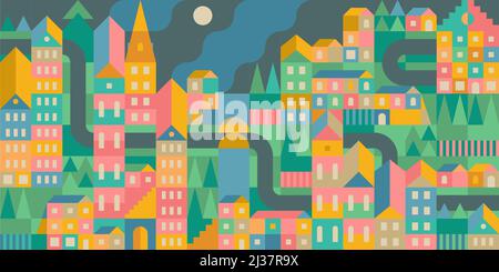Seamless Abstract Night Urban Vector Bauhaus Swiss Geometric City Pattern Design Background  Stock Vector