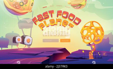 Fast food planet cartoon landing page with pizza, burger spheres and sushi over alien landscape with bizarre tree. Cosmic fantasy game, space adventur Stock Vector