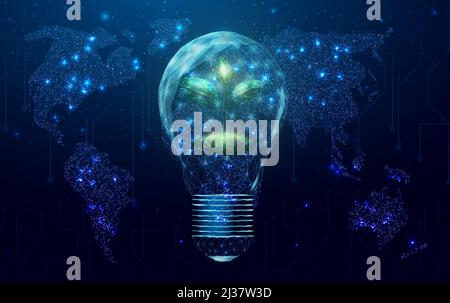 Wireframe polygonal plant in a lightbulb. Saving energy ecology concept with glowing low poly plant in bulb. Futuristic modern abstract background. Ve Stock Vector