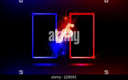 Versus VS gold sign with blue and red empty frames or borders and glow sparks on black background. Sport confrontation, martial arts combat, fight com Stock Vector