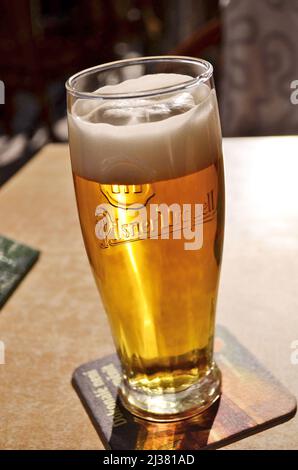 Pilsner Urquell beer in glass (half pint) on the restaurant table, Prague Czech Republic. Stock Photo