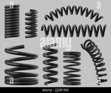 Black spring coils, flexible spiral metal wire. Vector realistic set of plastic or steel elastic springy coils different shapes for suspension or mach Stock Vector