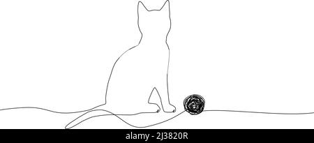 singe line drawing of a cat with ball of wool, continuous line vector illustration Stock Vector