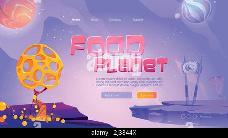 Food planet cartoon landing page. Fantasy game, adventure, funny world with salmon fish and onion spheres in space, caviar plant, sushi with ginger ov Stock Vector