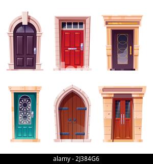 Wooden doors, medieval and modern style entries with stone doorjambs, metal handles and slot for mail. Architecture objects, cottage or castle exterio Stock Vector