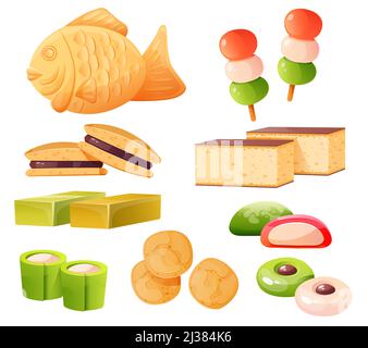 Japanese sweets cartoon set, taiyaki fish-shaped cake, ice cream Mochi in rice dough, Mitarashi dango dessert covered witha sweet soy sauce glaze, ner Stock Vector