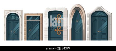 Ancient doors, cartoon medieval castle wooden entries with stone doorjambs. Fairytale palace vintage building architecture design with forged decorati Stock Vector