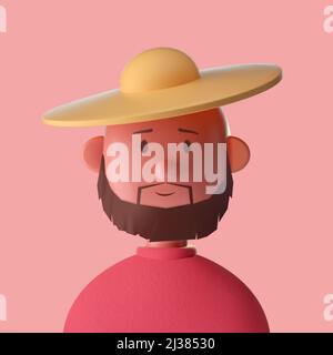 Bearded farmer man cute iconic character. 3D Rendering Stock Photo