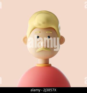 Cute young man with blond mustache iconic character guy. 3D Rendering Stock Photo