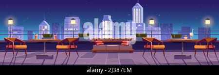 Restaurant at night rooftop terrace on city view background. Empty patio with tables and chairs on skyscraper roof. Outdoor cafe area for relax or rec Stock Vector