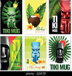 Set of vertical hawaiian cards with tiki mug, fruits, flowers, coconut cocktail, tropical plants isolated vector illustration Stock Vector