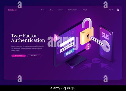 Two-factor authentication isometric landing page, password secure login verification or sms with push code message on smartphone or mobile phone and l Stock Vector