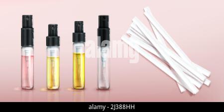 Perfume tester glass bottles and paper strips. Fragrance sample in transparent tubes with black spray cap on pink background. Vector realistic set of Stock Vector