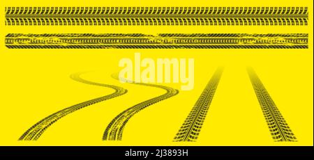 Tires tracks, offroad grunge tyre prints, abstract automobile wheels black pattern on yellow background. Rally, motocross straight and wavy dirty trac Stock Vector
