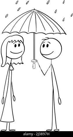 Man and Woman Sharing Umbrella Protection in Rain, Date and Love , Vector Cartoon Stick Figure Illustration Stock Vector