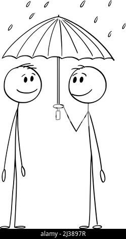 Two Persons Sharing Umbrella Protection in Rain, Vector Cartoon Stick Figure Illustration Stock Vector
