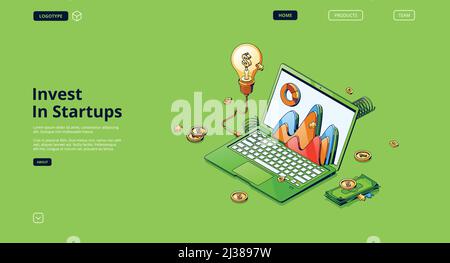 Invest in startups banner. Concept of finance strategy of investment in start up business, innovation ideas and technologies. Vector landing page of v Stock Vector