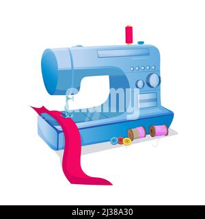 Vector illustration of sewing instruments modern electronic sewing machine, a pincushion with needles, buttons, and threads. Stock Vector