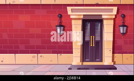 Front door with stone frame in old building facade from red brick. Vector cartoon illustration of vintage house entrance with purple wooden door, step Stock Vector