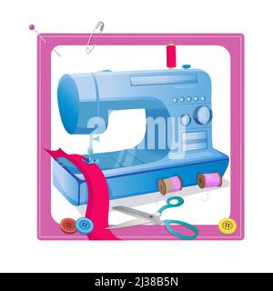 A frame with sewing and knitting accessories. Sewing instruments modern electronic sewing machine, a pincushion with needles, buttons, and threads. Stock Vector
