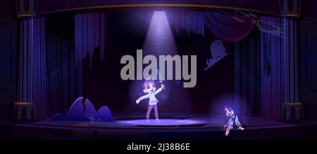 Ghosts of kids on old theater stage at night. Vector cartoon illustration of dead girl and boy spirits in abandoned dark opera theatre with spotlight, Stock Vector