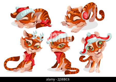 Cute baby tiger character in christmas hat and red scarf. Vector set of cartoon funny kitten in winter cap, with deer horns and bow in different poses Stock Vector