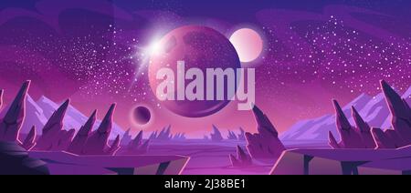 Space background with purple planet landscape, stars, satellites and alien planets in sky. Vector cartoon fantasy illustration of cosmos, cracked ston Stock Vector