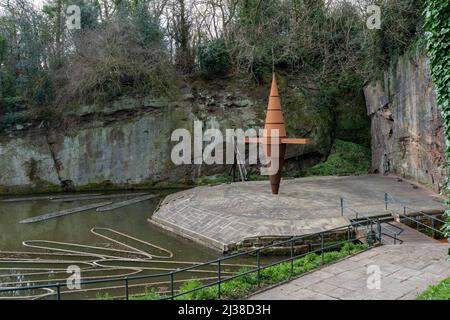the delph canal basin worsley entrance to coal mines for boats with drilling monument on the island Stock Photo